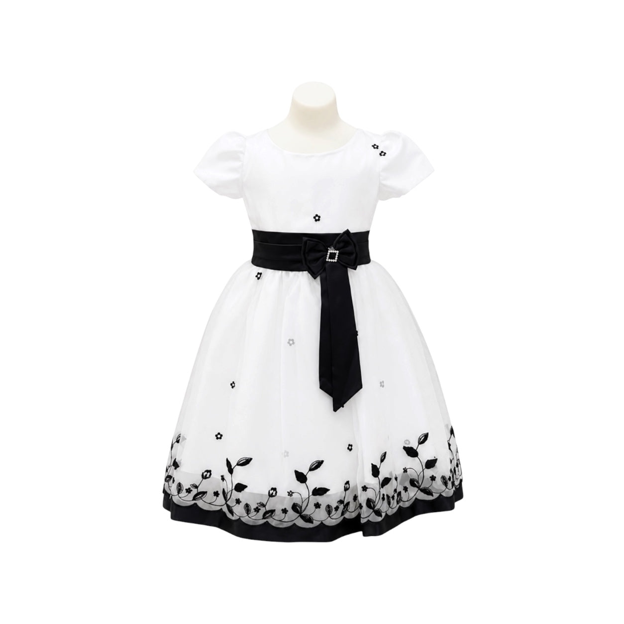 Girls' White & Black Embroidered Tulle Dress with Satin Bow Sash (Size 2/3)