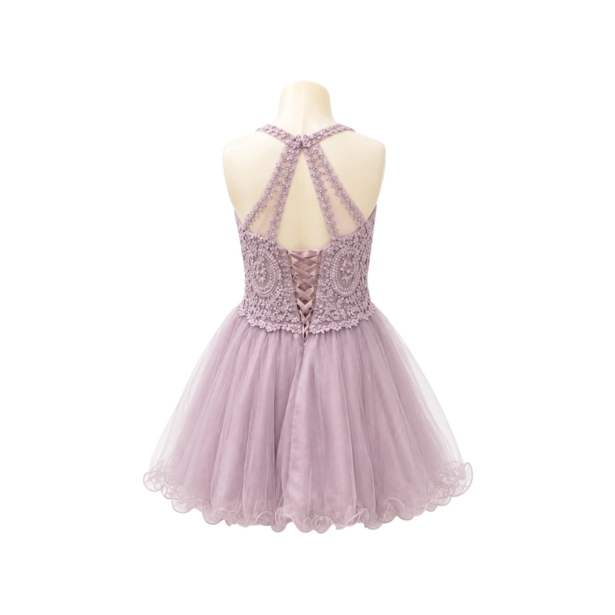 Girls' Mauve Lace Appliqué Tulle Dress with Illusion Bodice & Lace-Up Back