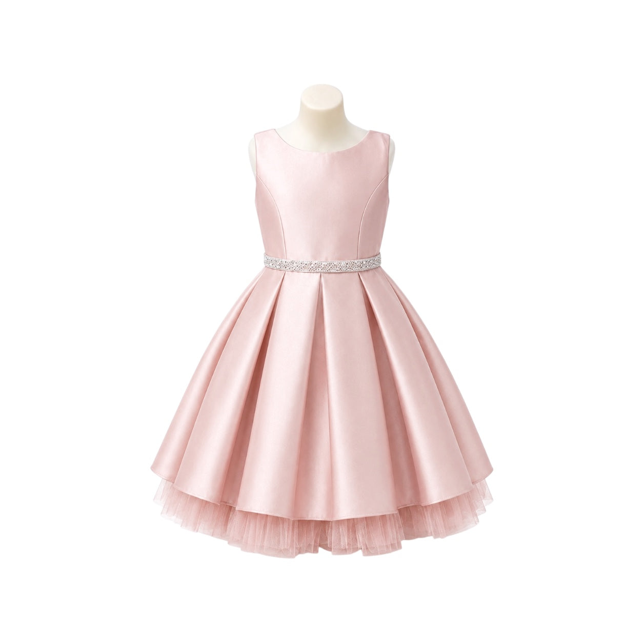 Girls' Blush Satin Pleated Dress with Rhinestone Waist & Tulle Hem