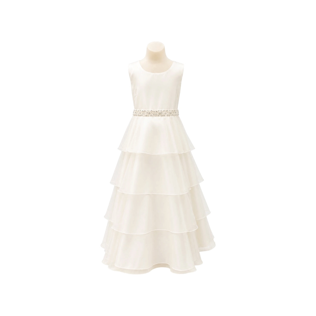 Ivory Satin Gown with Beaded Waist & Tiered Tulle Skirt