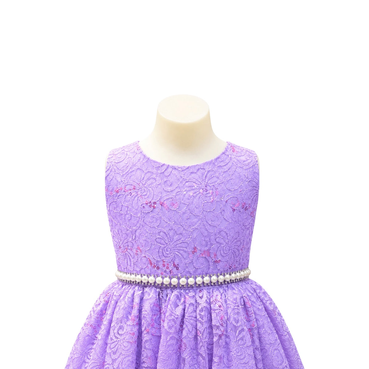 Girls Lavender Glitter Embroidered Lace Tea-Length Dress with Pearl & Rhinestone Waist