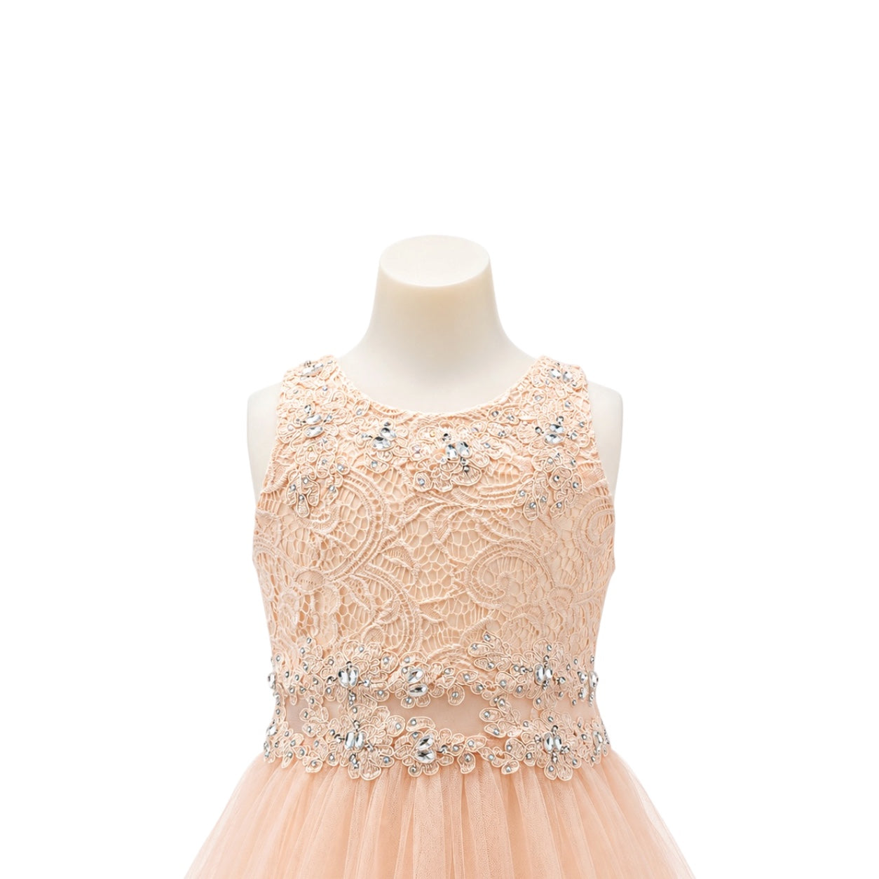 Girls' Peach Lace & Tulle Dress with Rhinestone Embellishments & Matching Shawl