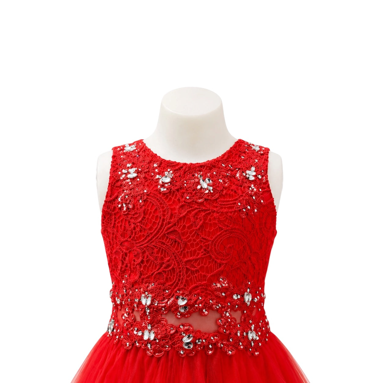 Girls' Red Lace & Tulle Dress with Rhinestone Embellishments & Matching Shawl