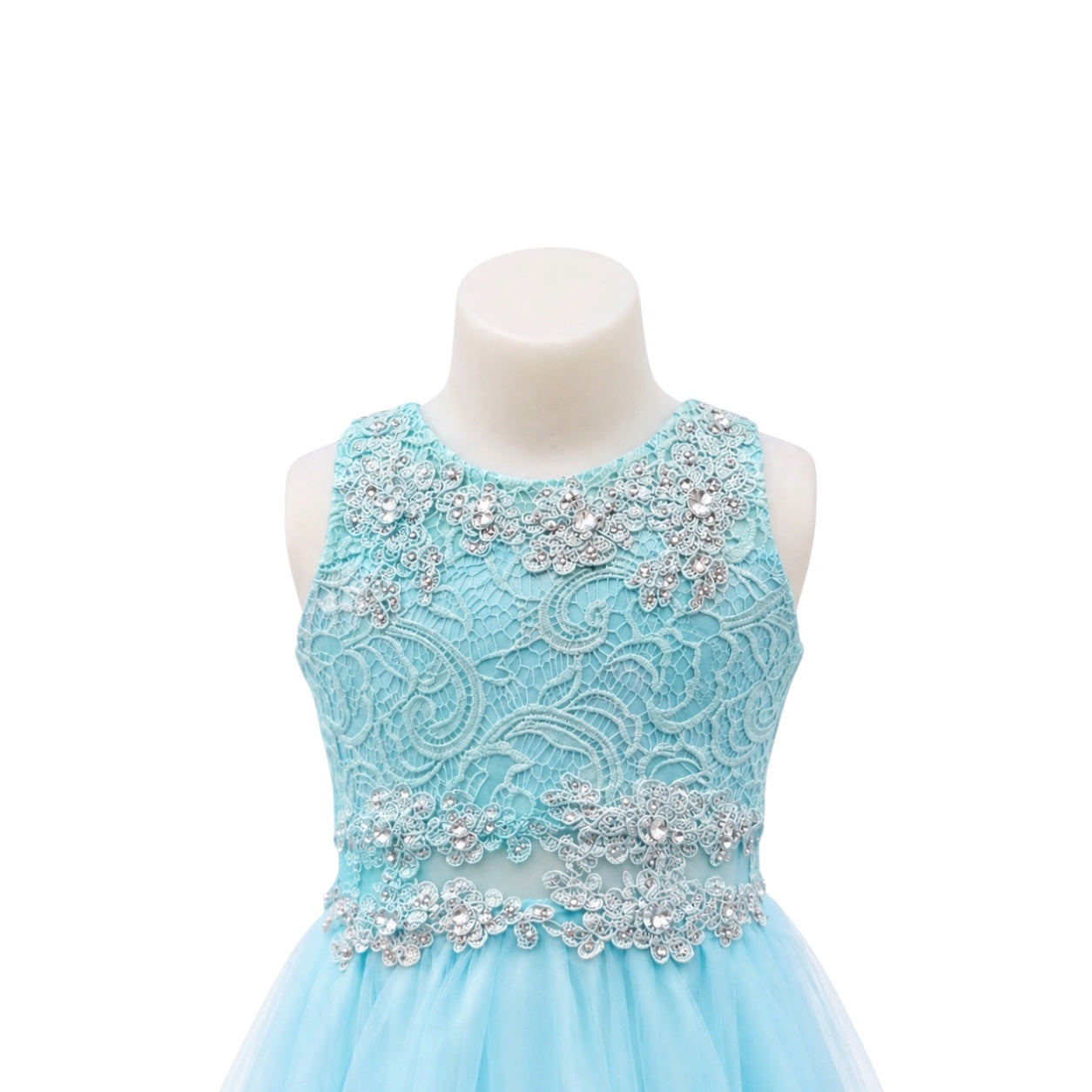 Girls' Aqua Lace & Tulle Dress with Rhinestone Embellishments & Matching Shawl