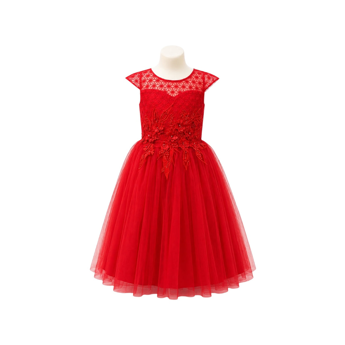 Red Cap Sleeve Girls' Formal Dress with Floral Embroidered Lace Bodice & Layered Tulle Skirt