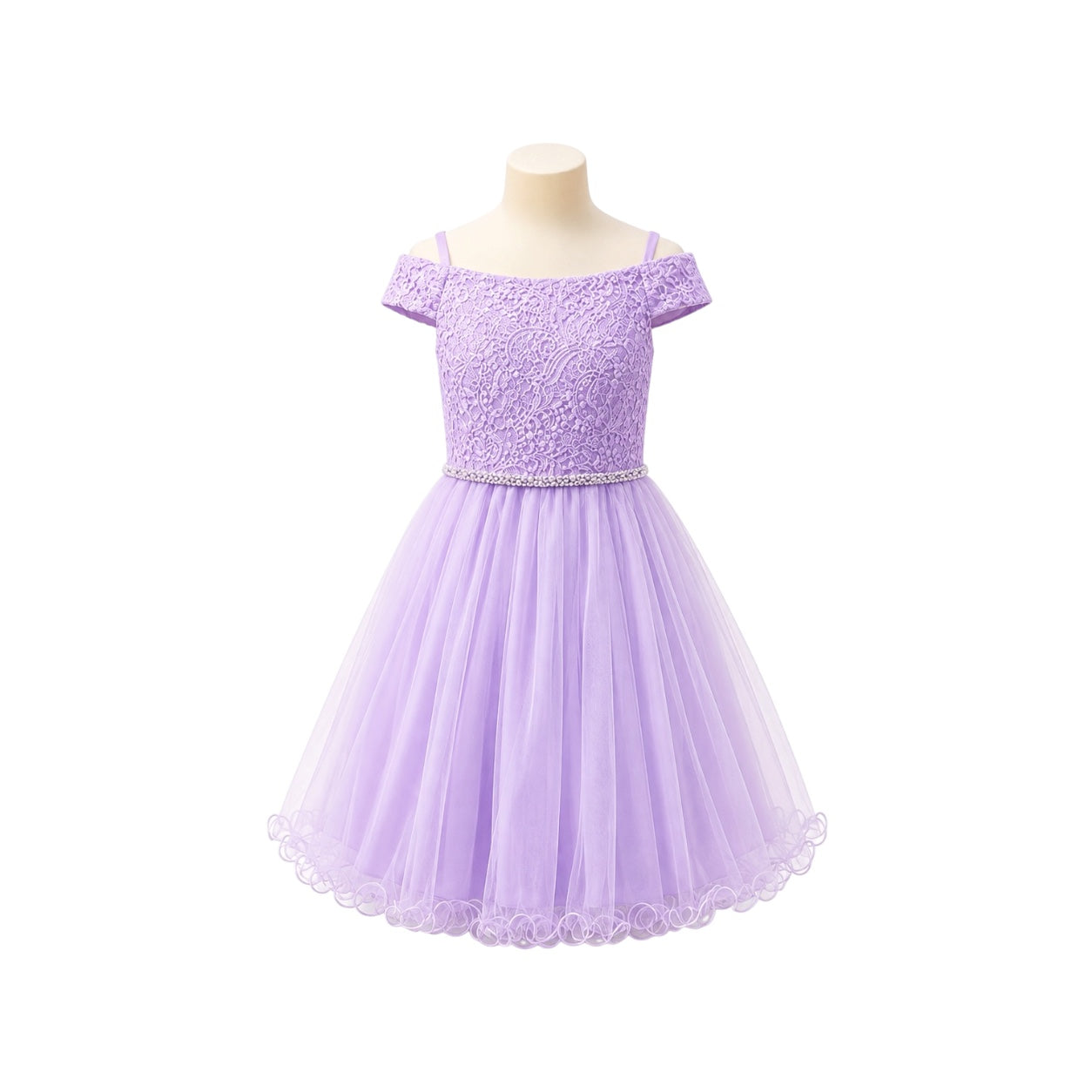 Lavender Off-the-Shoulder Lace Jr. Dress with Rhinestone Waist & Tulle Skirt (M)