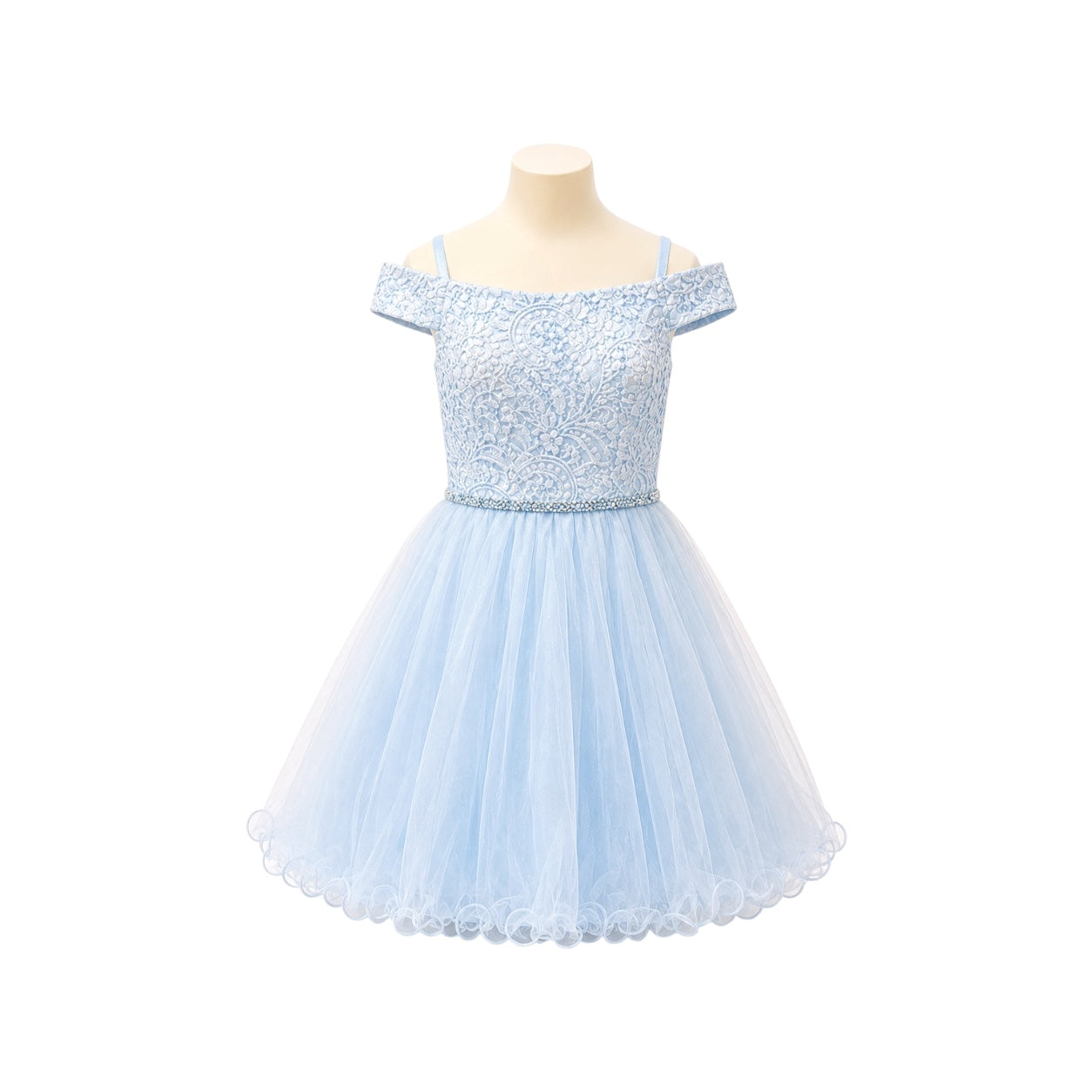 Baby Blue Off-the-Shoulder Lace Jr. Dress with Rhinestone Waist & Tulle Skirt (XS)