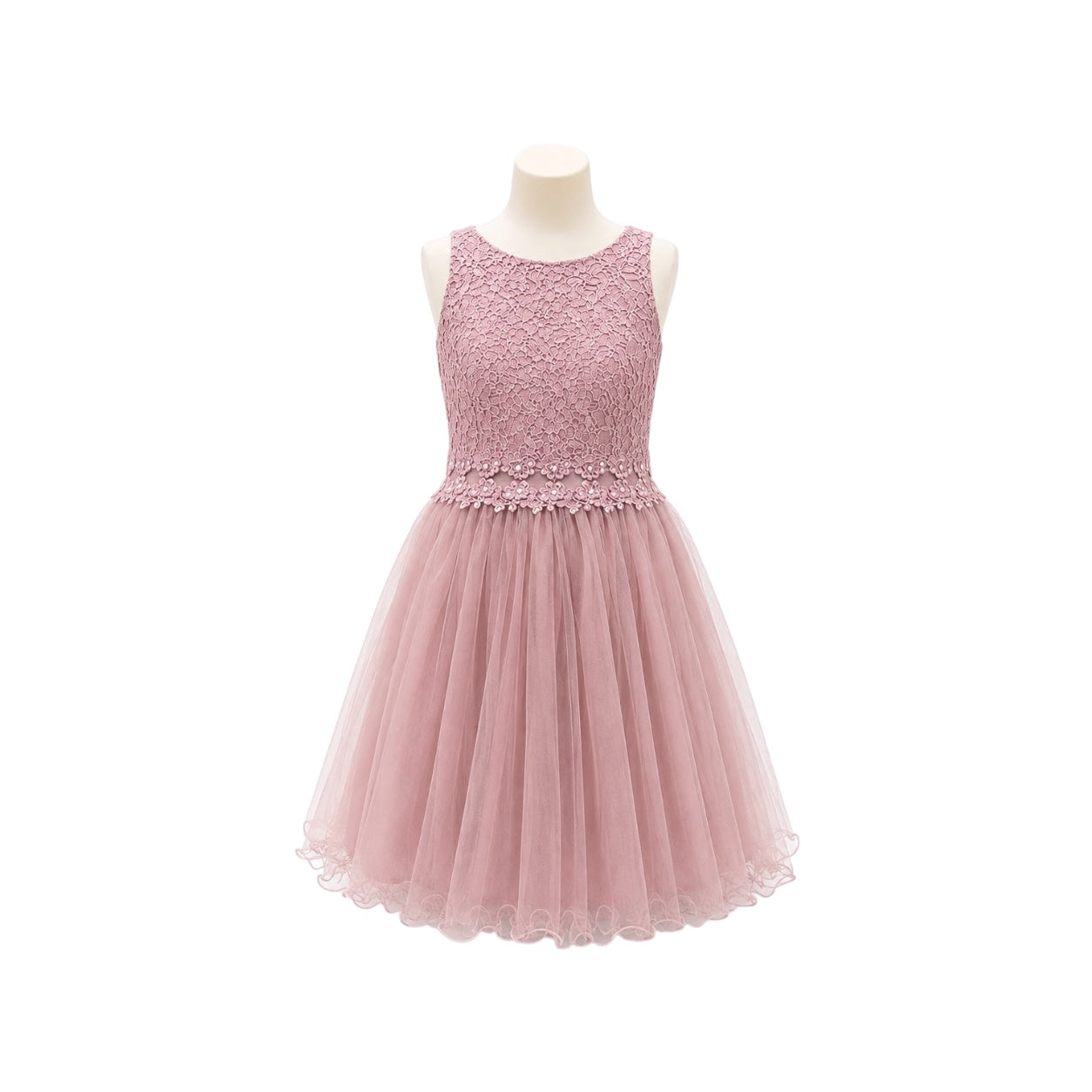 Mauve Floral Lace Jr. Dress with Embellished Waist & Tulle Skirt (M)