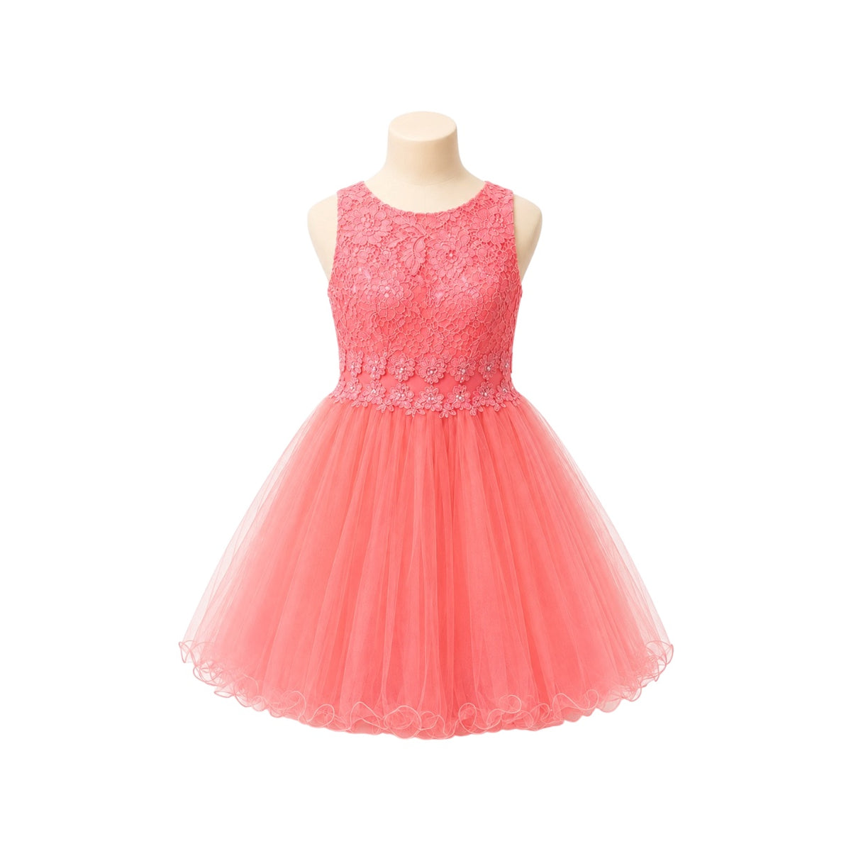 Coral Floral Lace Jr. Dress with Embellished Waist & Tulle Skirt (XS)