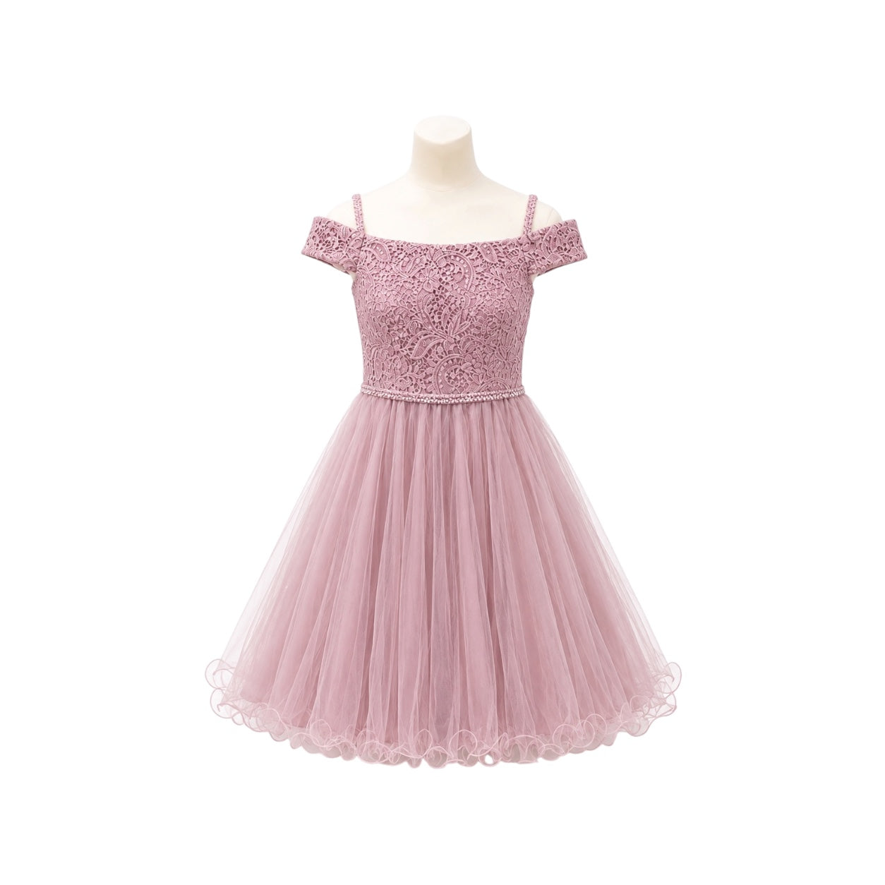 Mauve Off-the-Shoulder Lace Jr. Dress with Rhinestone Waist & Tulle Skirt (L)