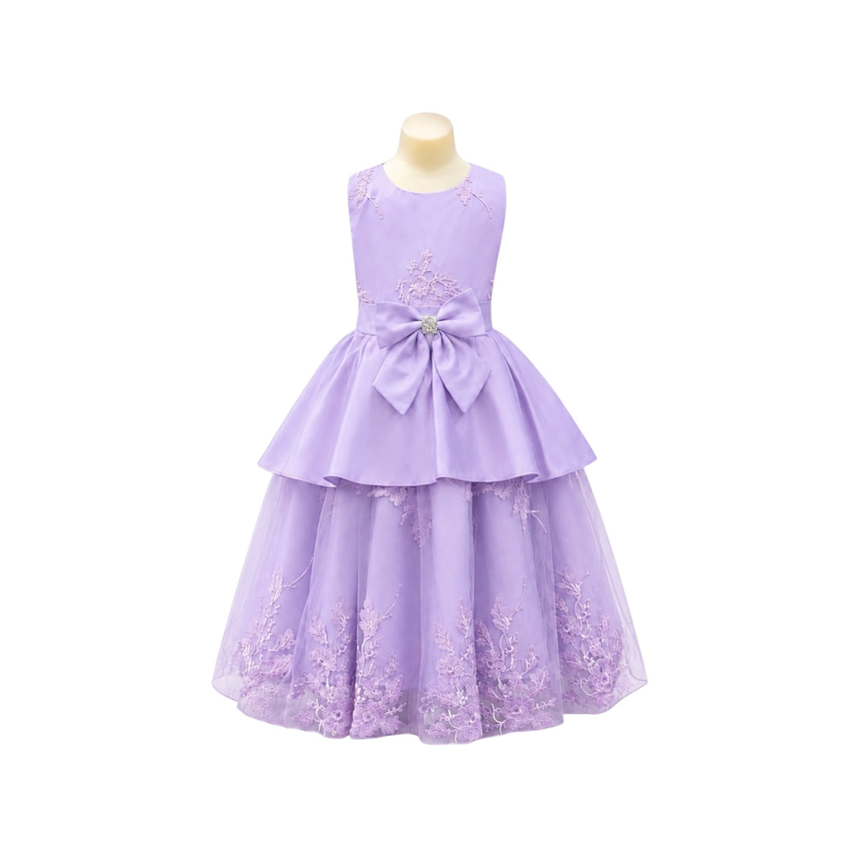 Fancy Kids Lavender Floral Embroidered Tulle Dress with Satin Bow
