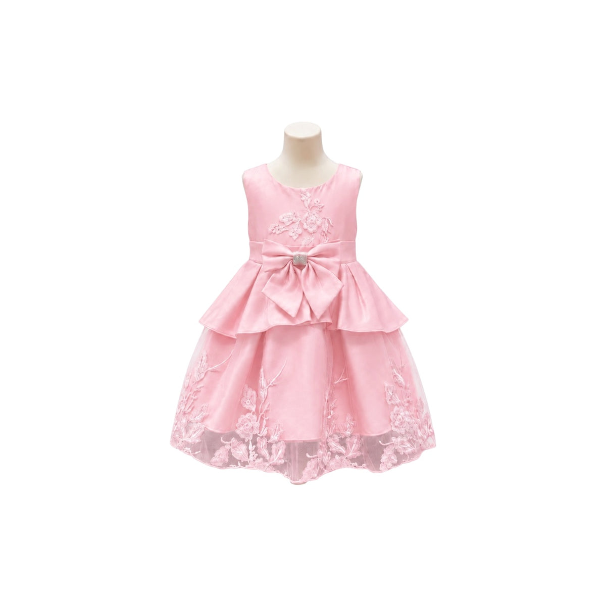 Fancy Kids Pink Floral Embroidered Satin & Tulle Baby Dress with Bow