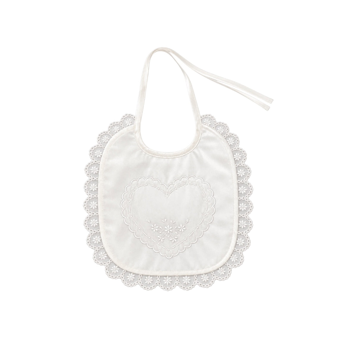 Off White Silk Bib with Embroidered Heart & Lace Trim