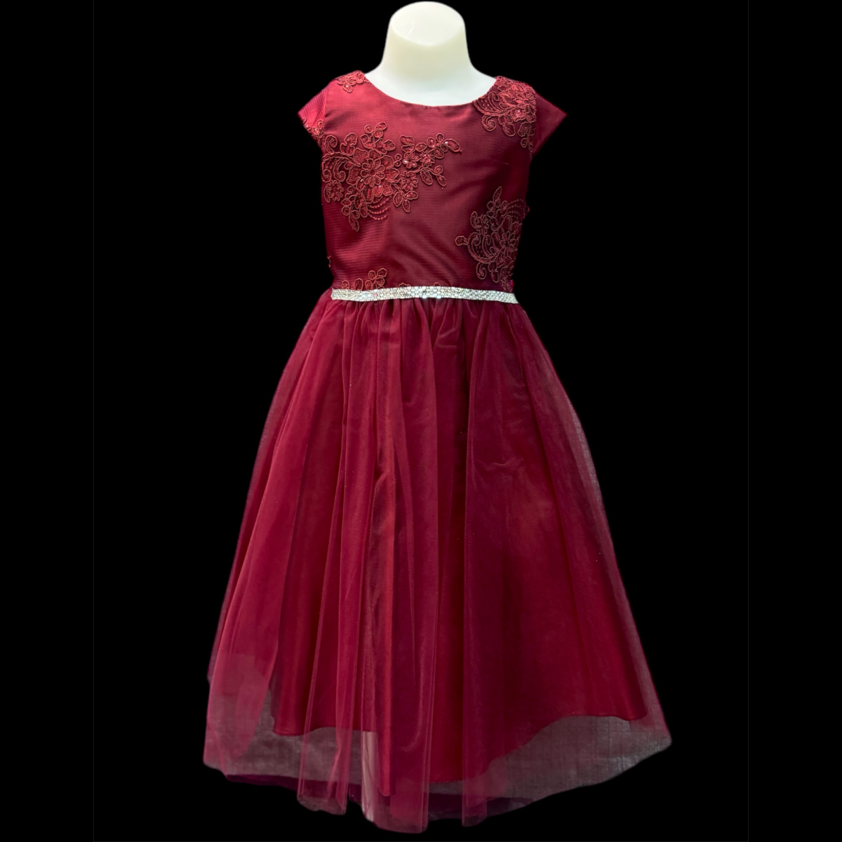 Cap Sleeve Floral Embroidered Burgundy Dress
