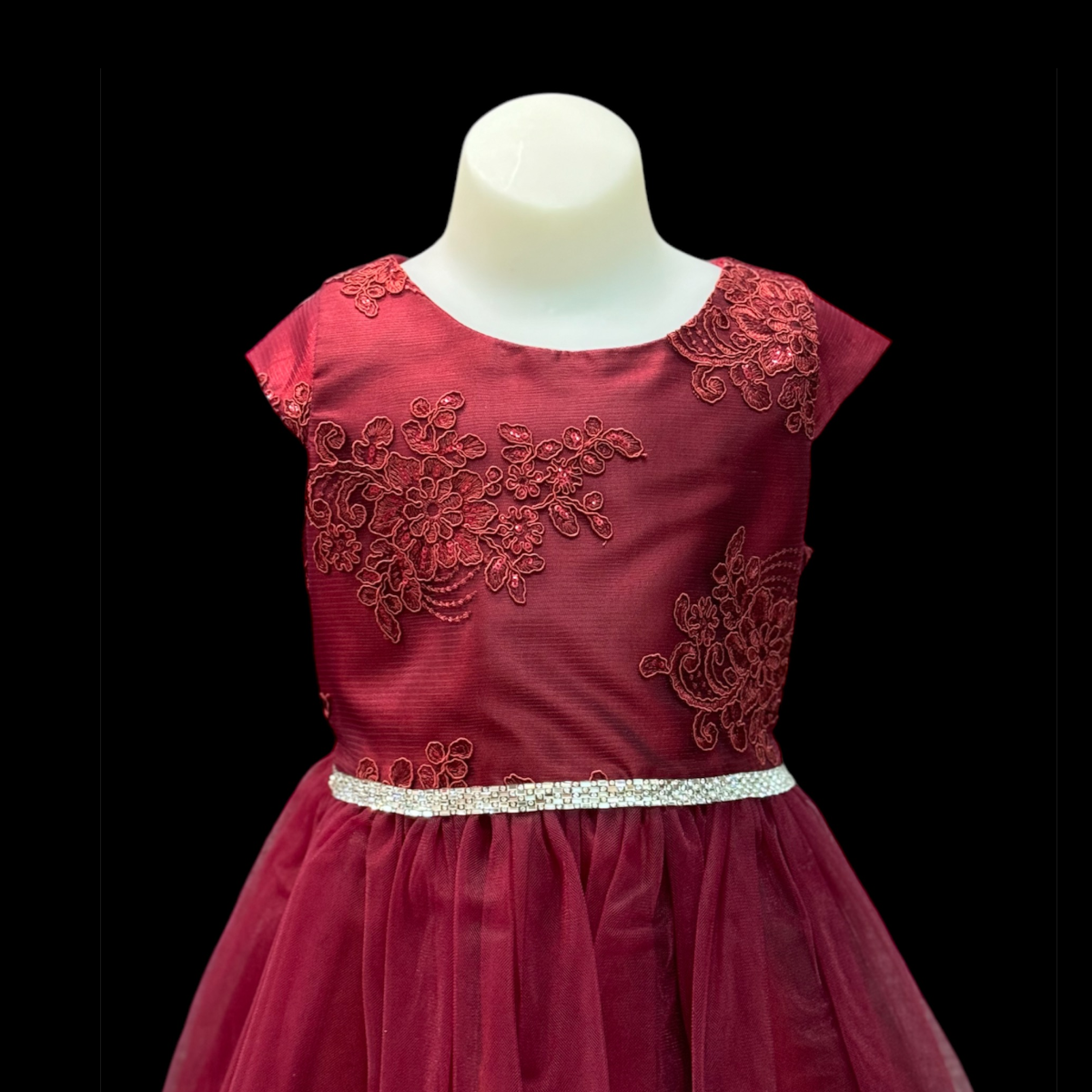 Cap Sleeve Floral Embroidered Burgundy Dress