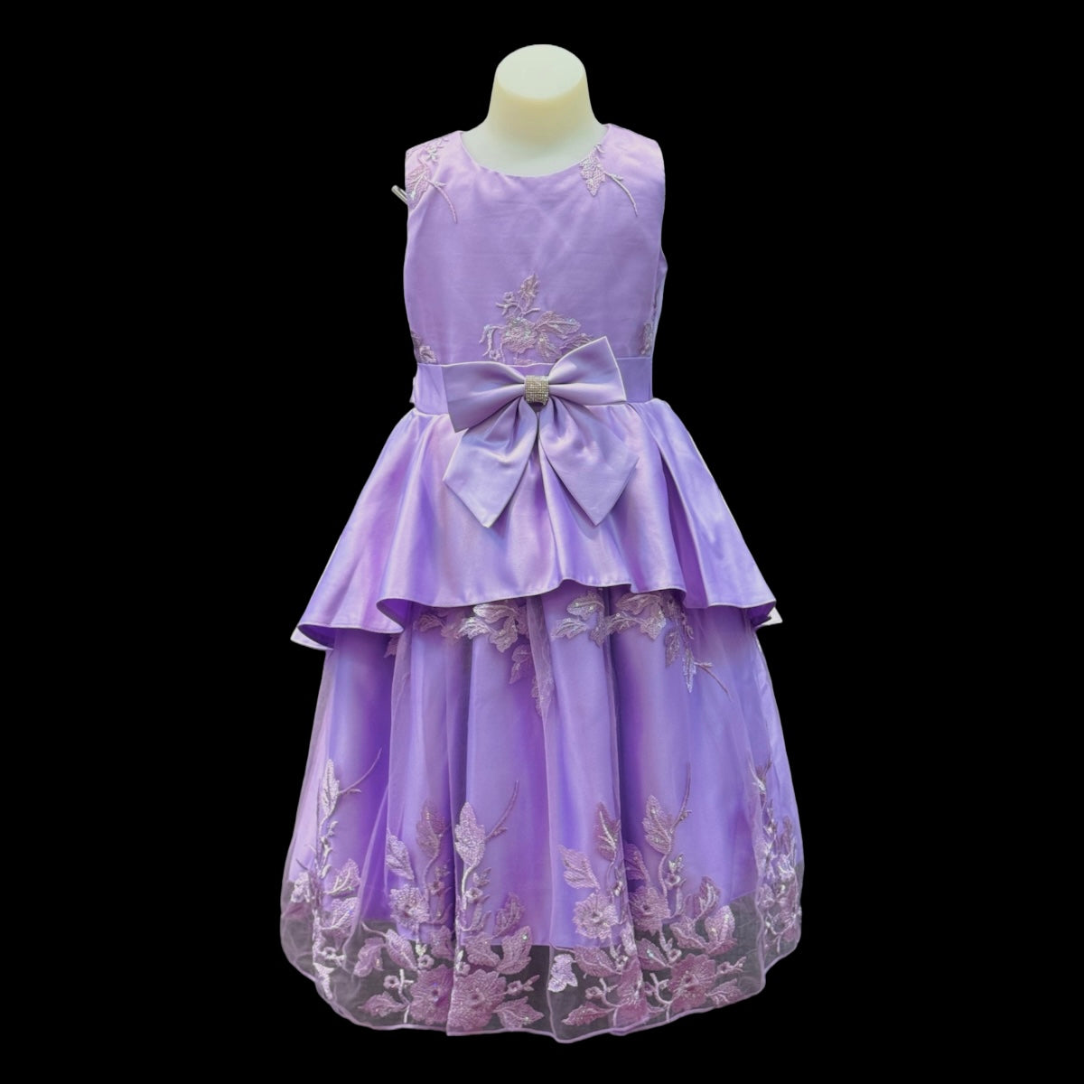Fancy Kids Lavender Embroidered Satin & Tulle Dress w/ Satin Rhinestone Bow