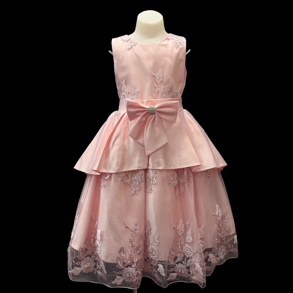 Fancy Kids Pink Embroidered Satin & Tulle Dress w/ Satin Rhinestone Bow