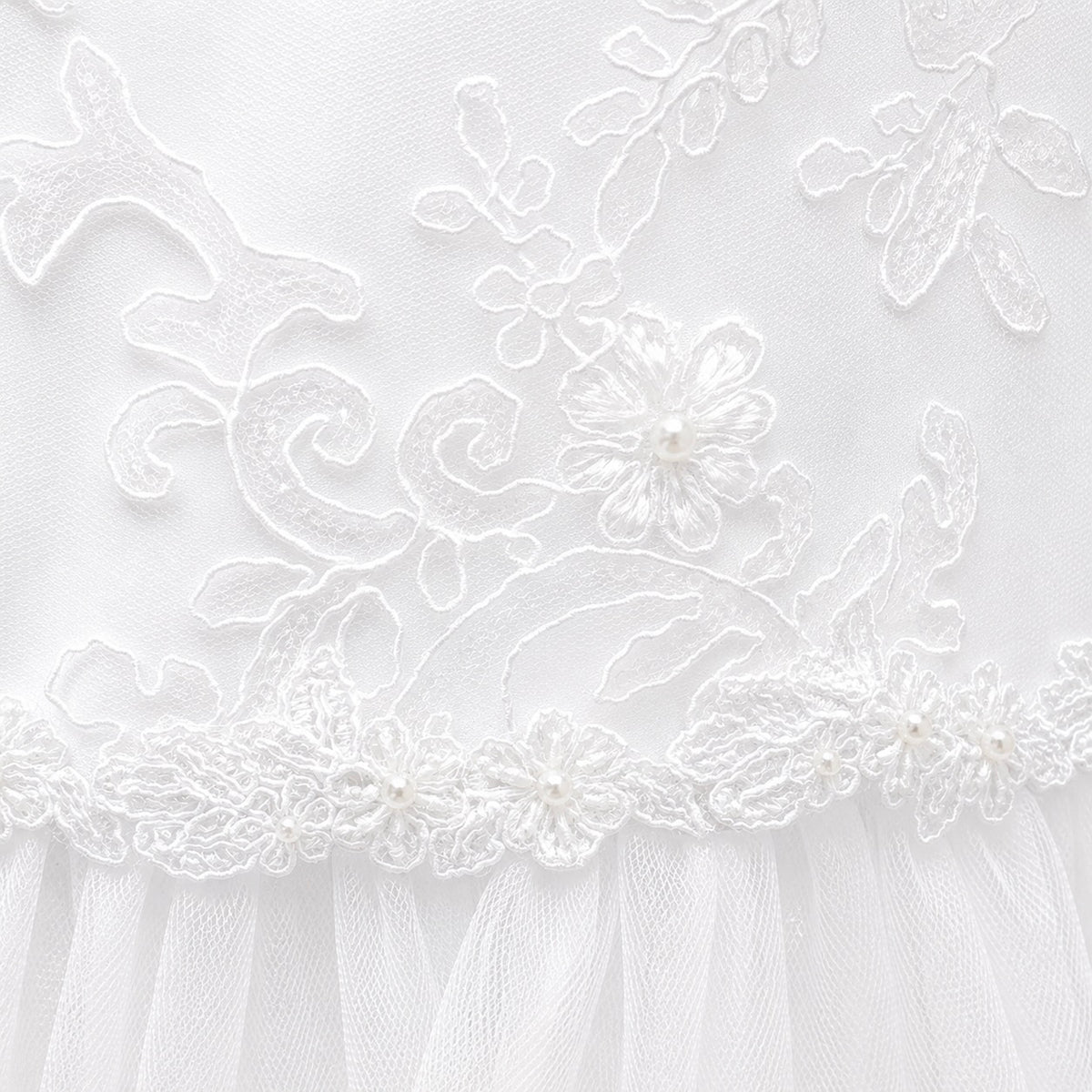 Jolene Floral White Lace Tea-Length Dress with Crystal Tulle Skirt