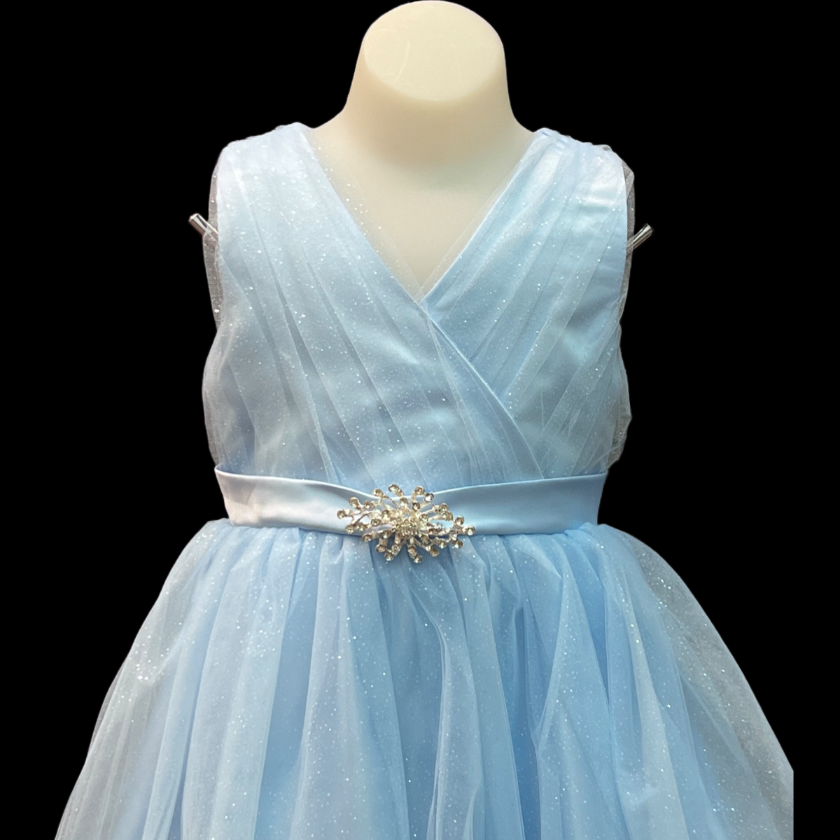 Sleeveless Sky Blue Glitter V-Neck Tulle Dress w/ Rhinestone Brooch
