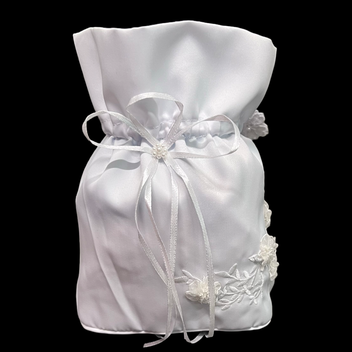 White Satin Ruffled Bag w/ Pearls and Flowers