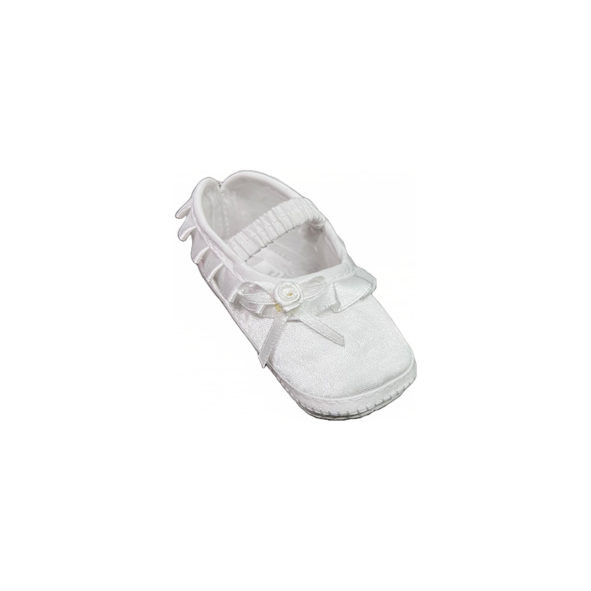 Infant White Satin Bootie w/ Ruffle and Rose