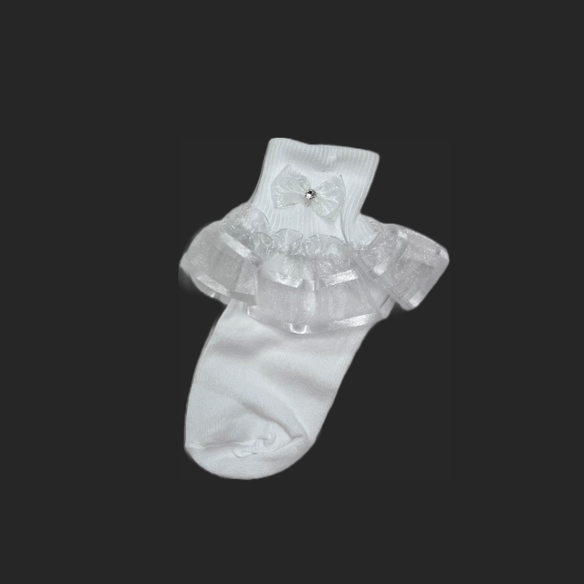 White Organza Ruffle Sock w/ Rhinestone