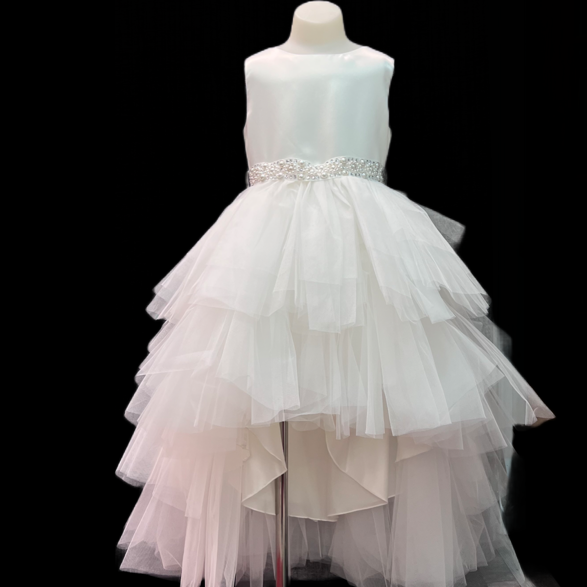 Ruffled Tulle High Low Dress w/ Rhinestone and Pearl Sash
