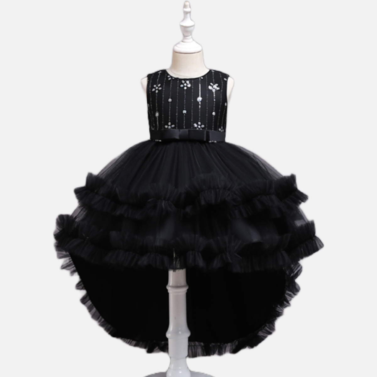 Girls Black Tulle High Low Dress w Embroidered Sequin Flowers