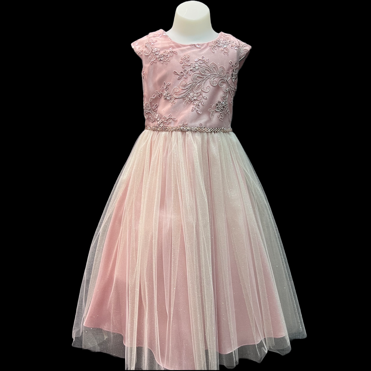 Cap Sleeve Floral Embroidered Mauve Dress w/ Sparkle Tulle Overlay