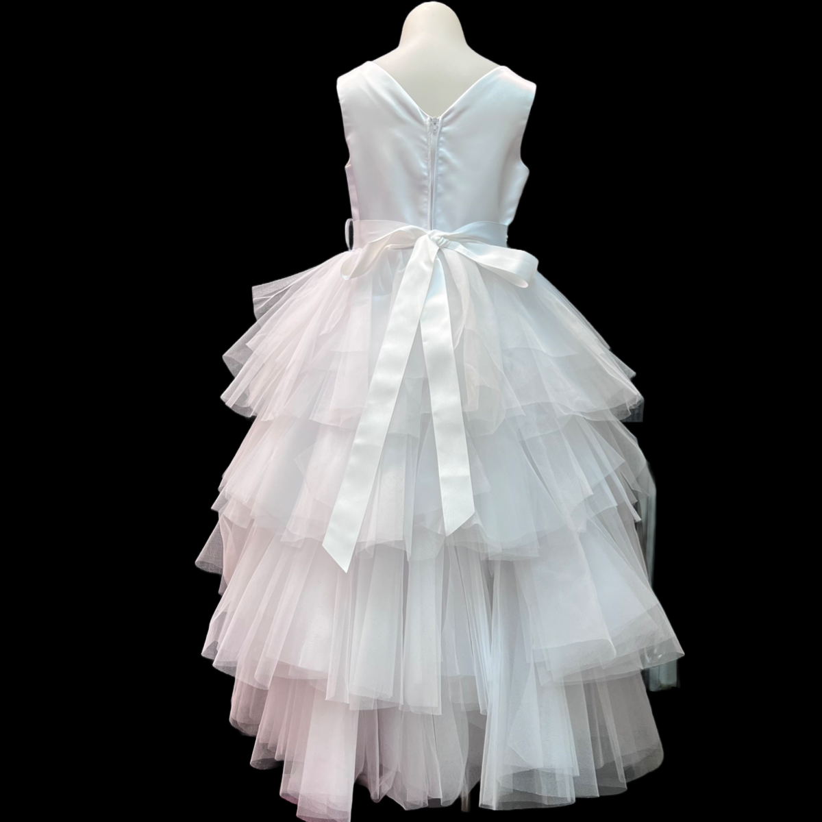 Ruffled Tulle High Low Dress w/ Rhinestone and Pearl Sash