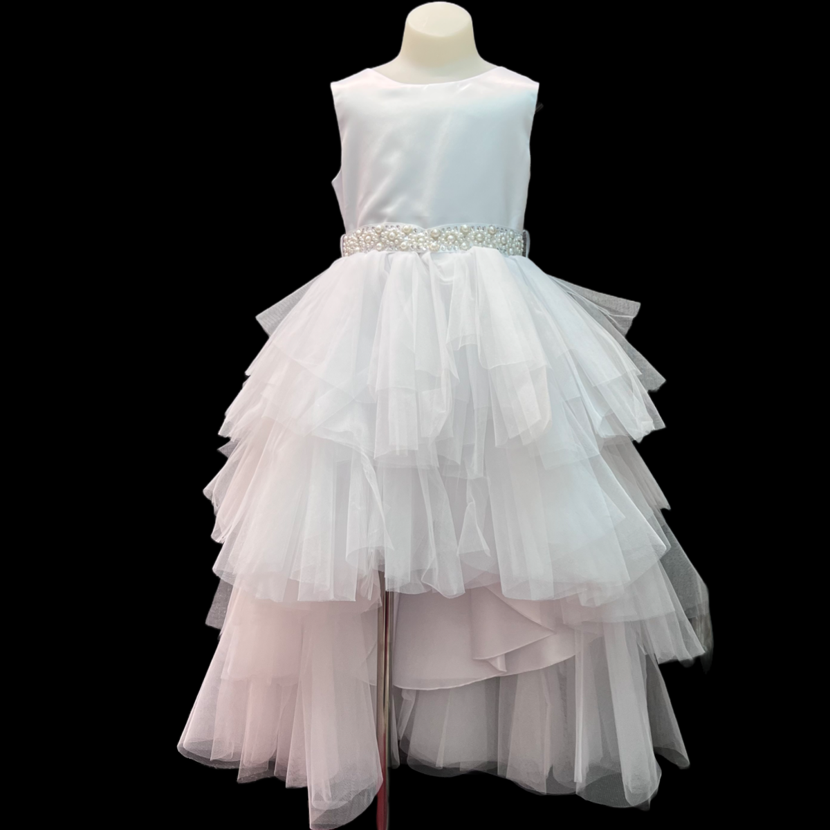 Ruffled Tulle High Low Dress w/ Rhinestone and Pearl Sash
