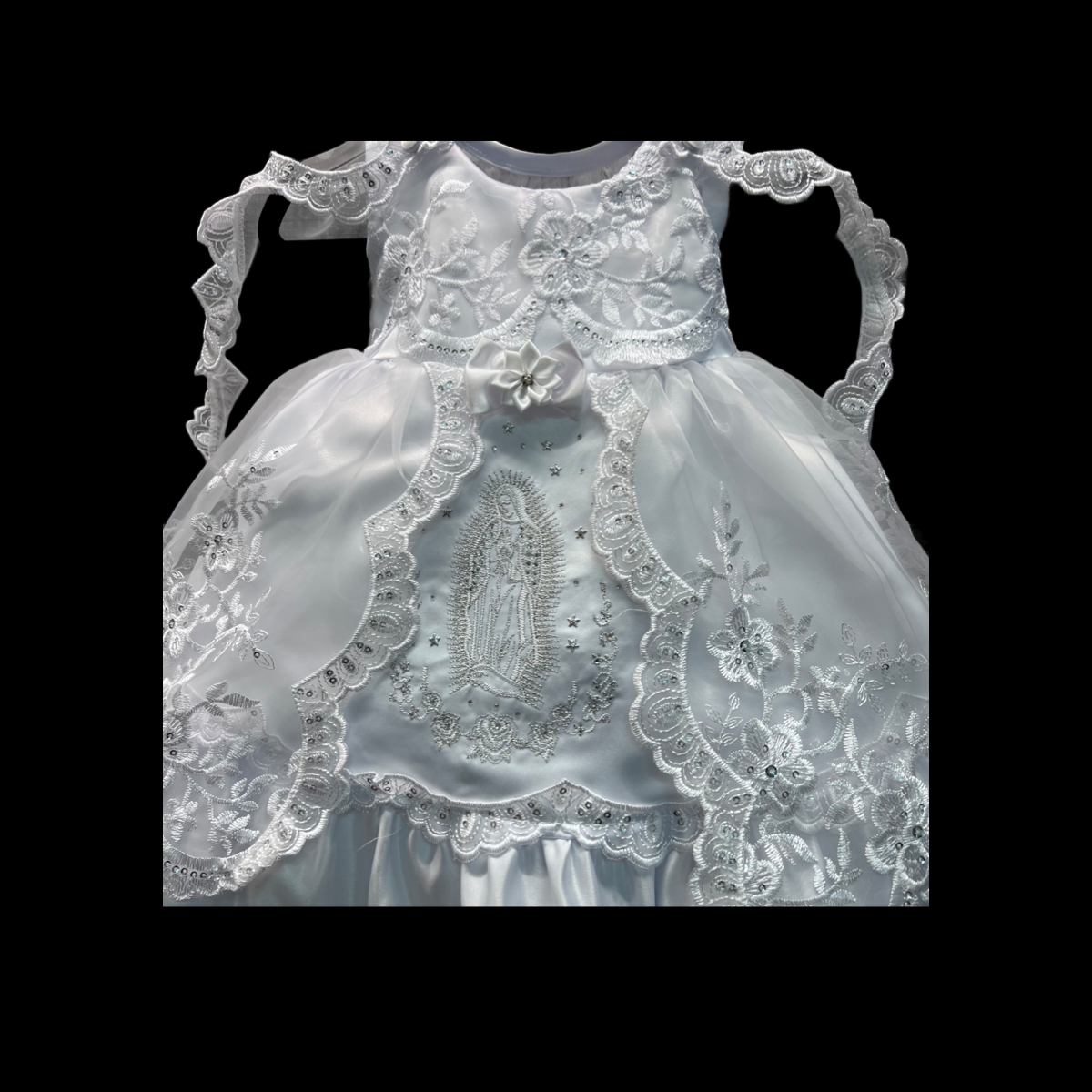 Sleeveless 'Hail Mary' Embroidered Baptism Gown w/ Organza Cape (12 months)