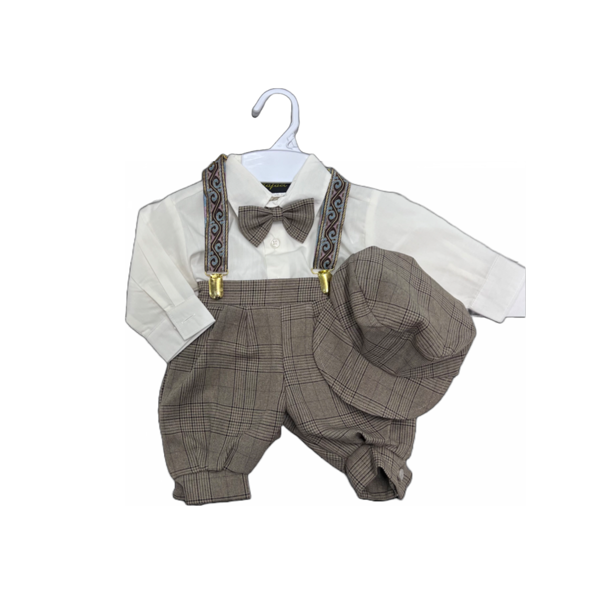 5-Piece Plaid Ivory/Taupe Suspender Set