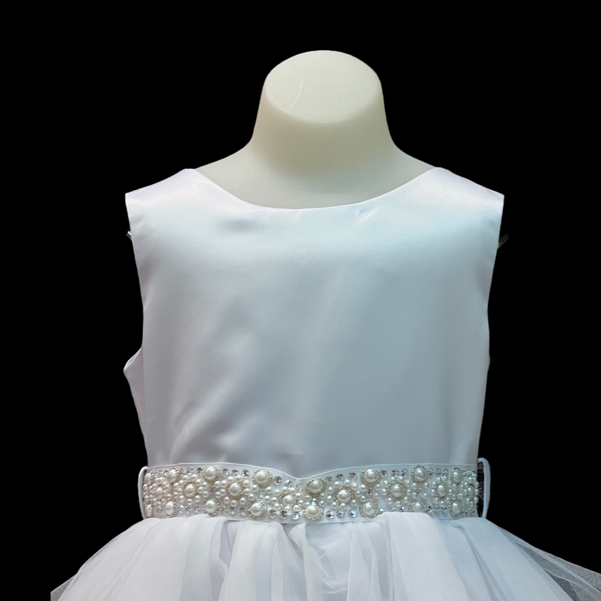 Ruffled Tulle High Low Dress w/ Rhinestone and Pearl Sash