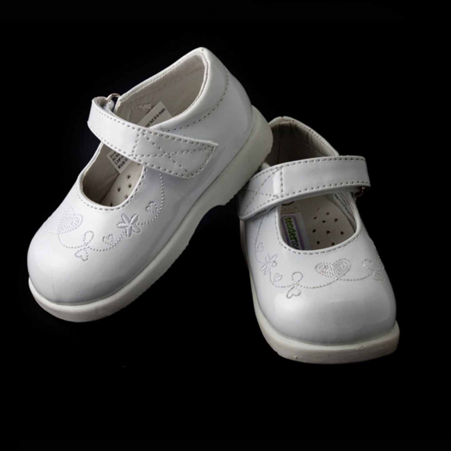 Tendertoes- White Patent Shoe with Heart and Floral Embroidered