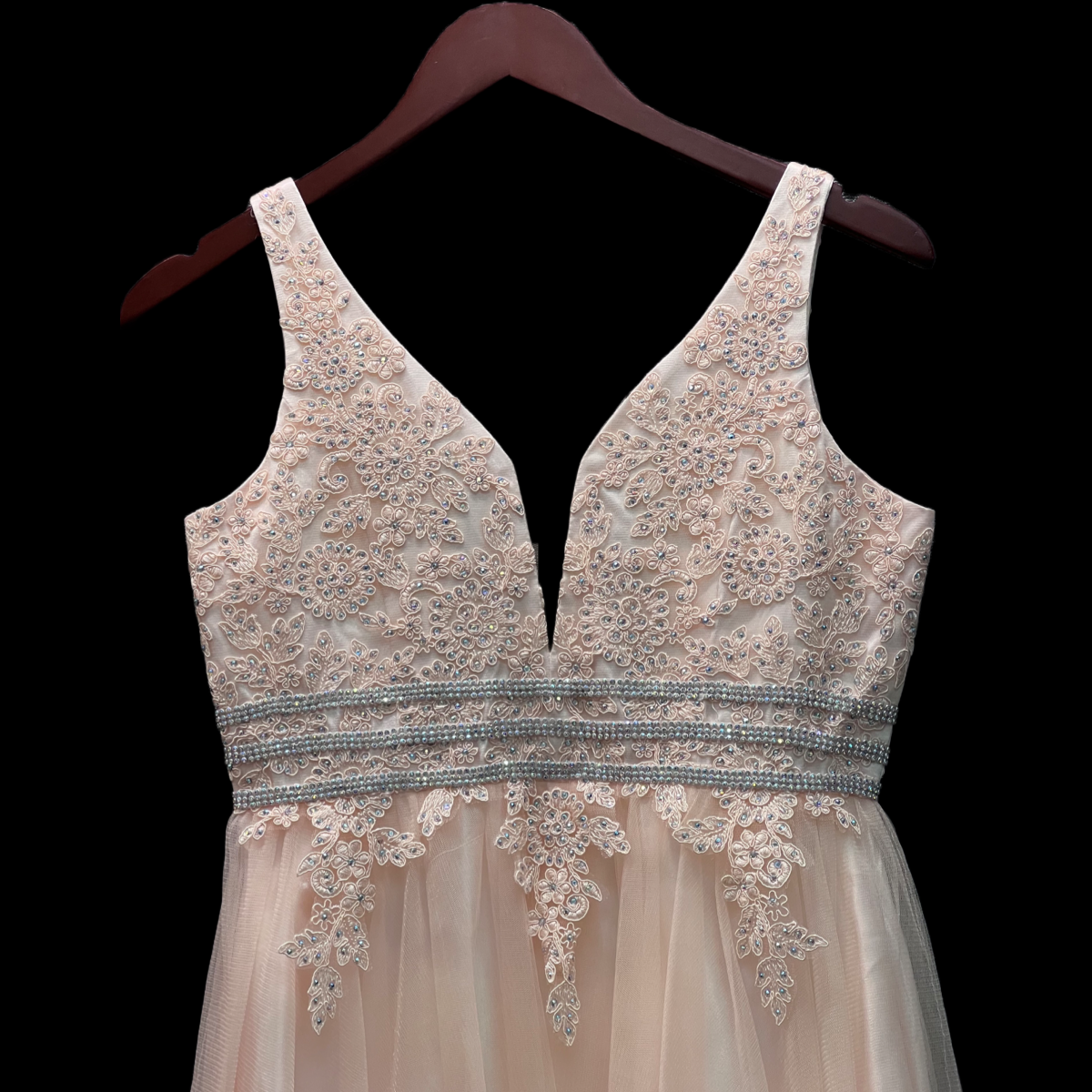 Blush Embroidered Gown w/ 3-Tier Rhinestone Belt