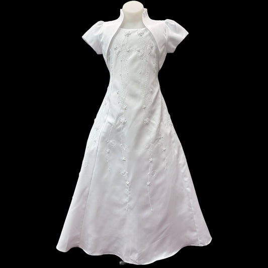 Sleeveless White Satin Dress & Satin Bolero w/ Pearl Embroidery