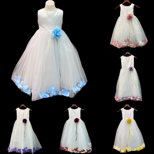 White Flower Girl Dress w/ Organza Tulle Floral Skirt