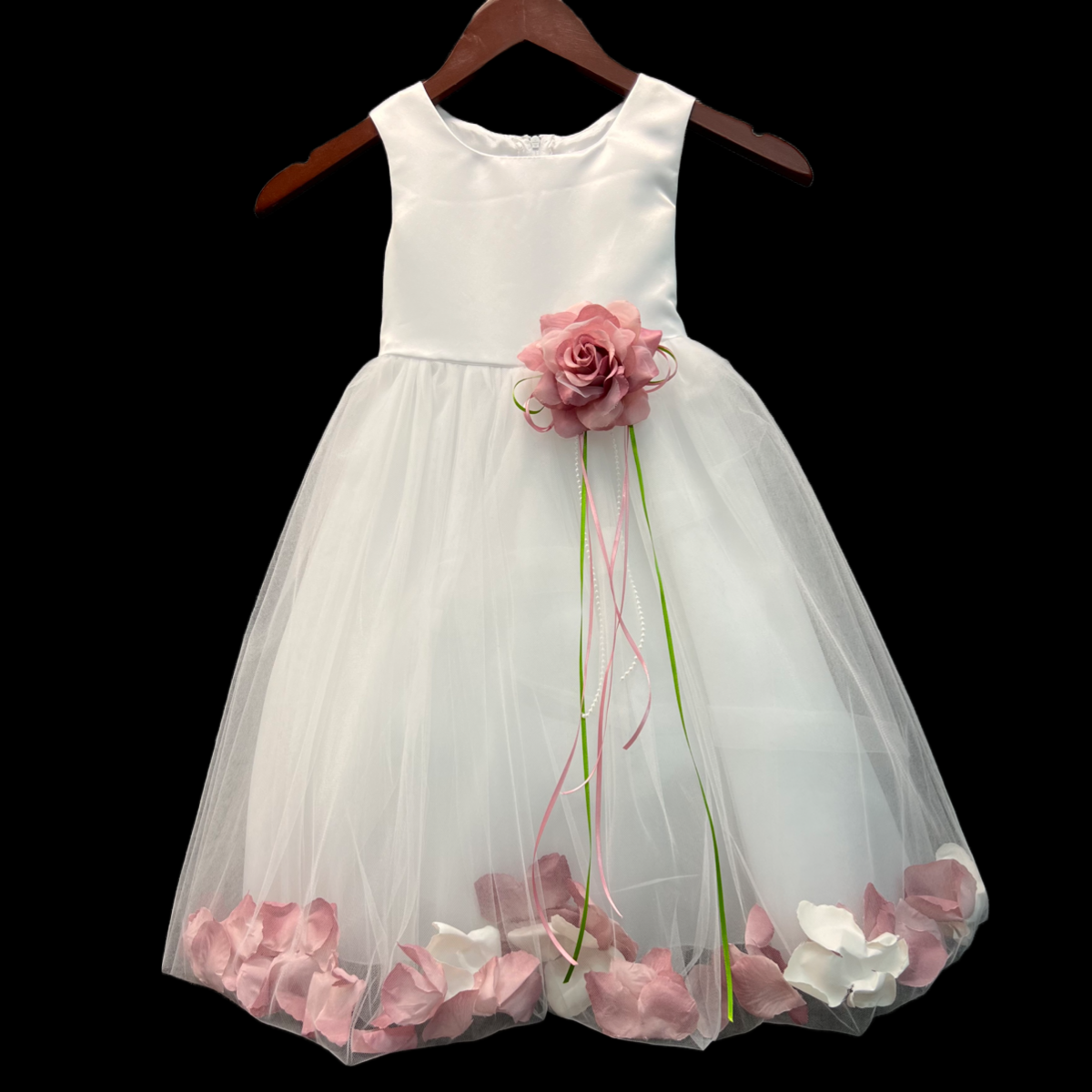 White Flower Girl Dress w/ Organza Tulle Floral Skirt