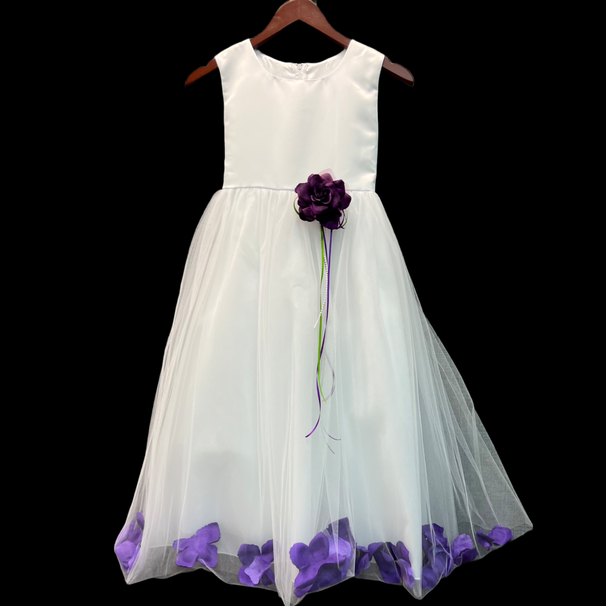 White Flower Girl Dress w/ Organza Tulle Floral Skirt
