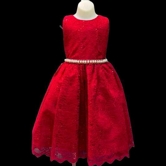 Glitter & Sparkle Lace Embroidered Red Dress w/ Pearl Belt
