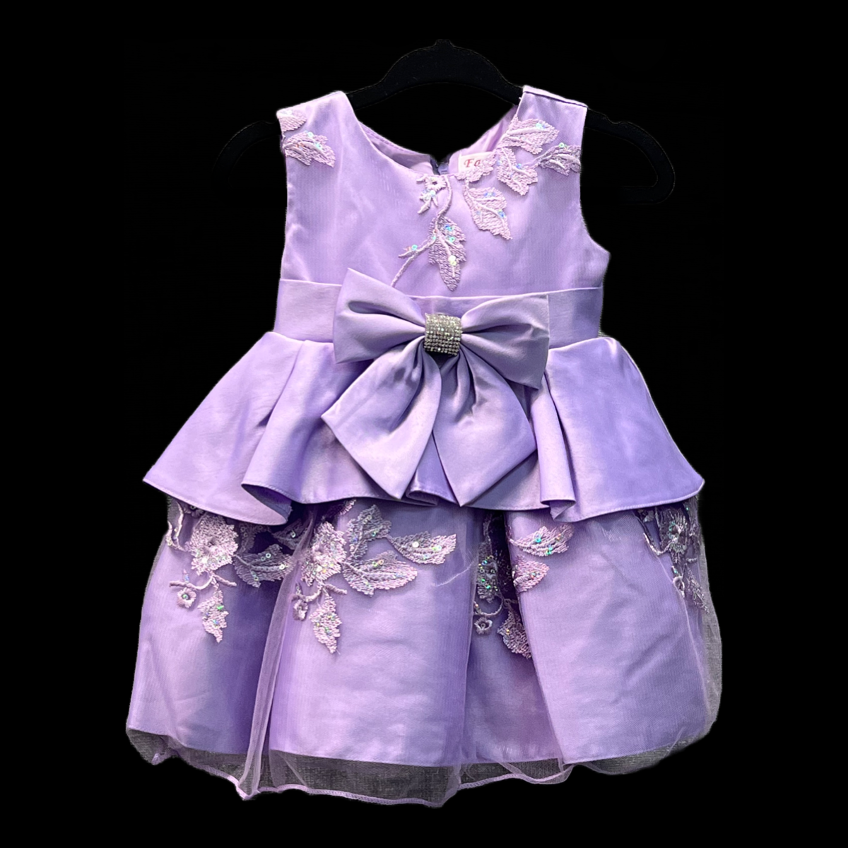 Baby Satin Embroidered Dress W/ Satin Rhinestone Bow