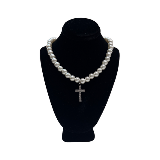 Faux Pearl Necklace w/ Rhinestone Cross Pendant