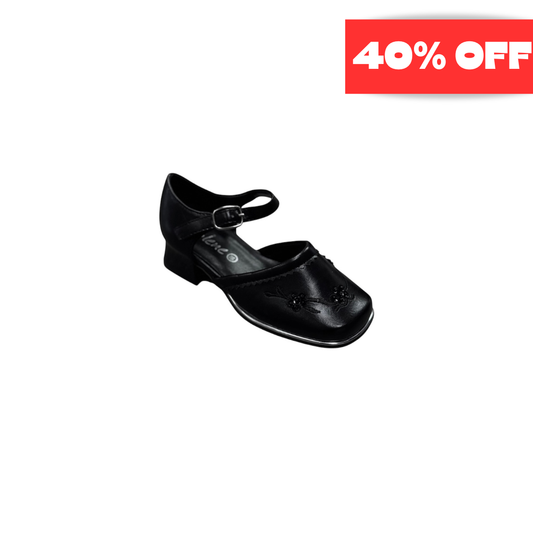 Jolene Black Floral Embroidered Block Kitten Heel