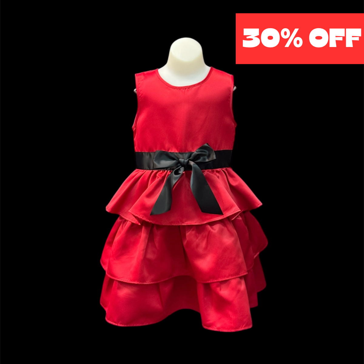 Elegant Red Tiered Dress with Black Sash & Bow
