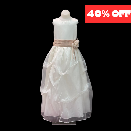 Sleeveless Ivory Dress w/ Champagne Sash (Size 12)