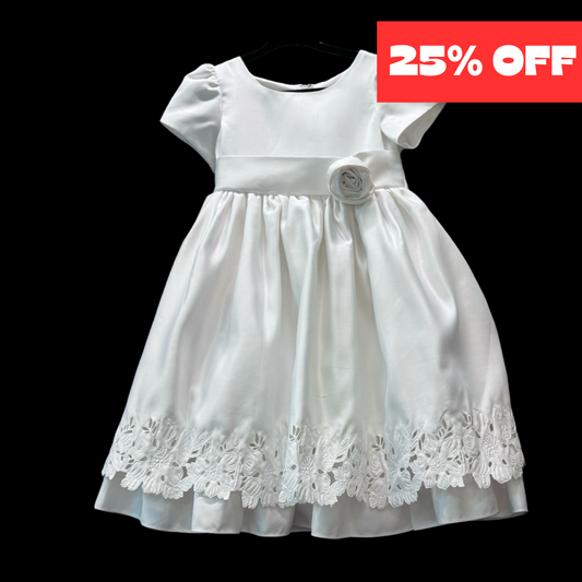 Baby/Toddler White Short Sleeve Satin Dress w/ Floral Embroidery (18-24 months)