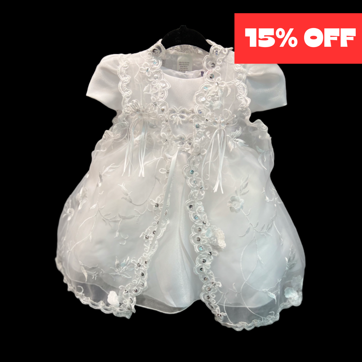3PC White Baptism Dress w/ Enchanting Embroidery