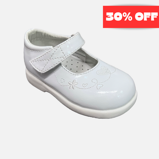 Tendertoes- White Patent Baby Shoe with Heart and Floral Embroidered