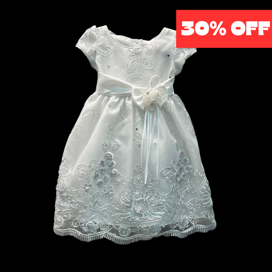 Cap Sleeve Embroidered White Bedazzled Baby Dress